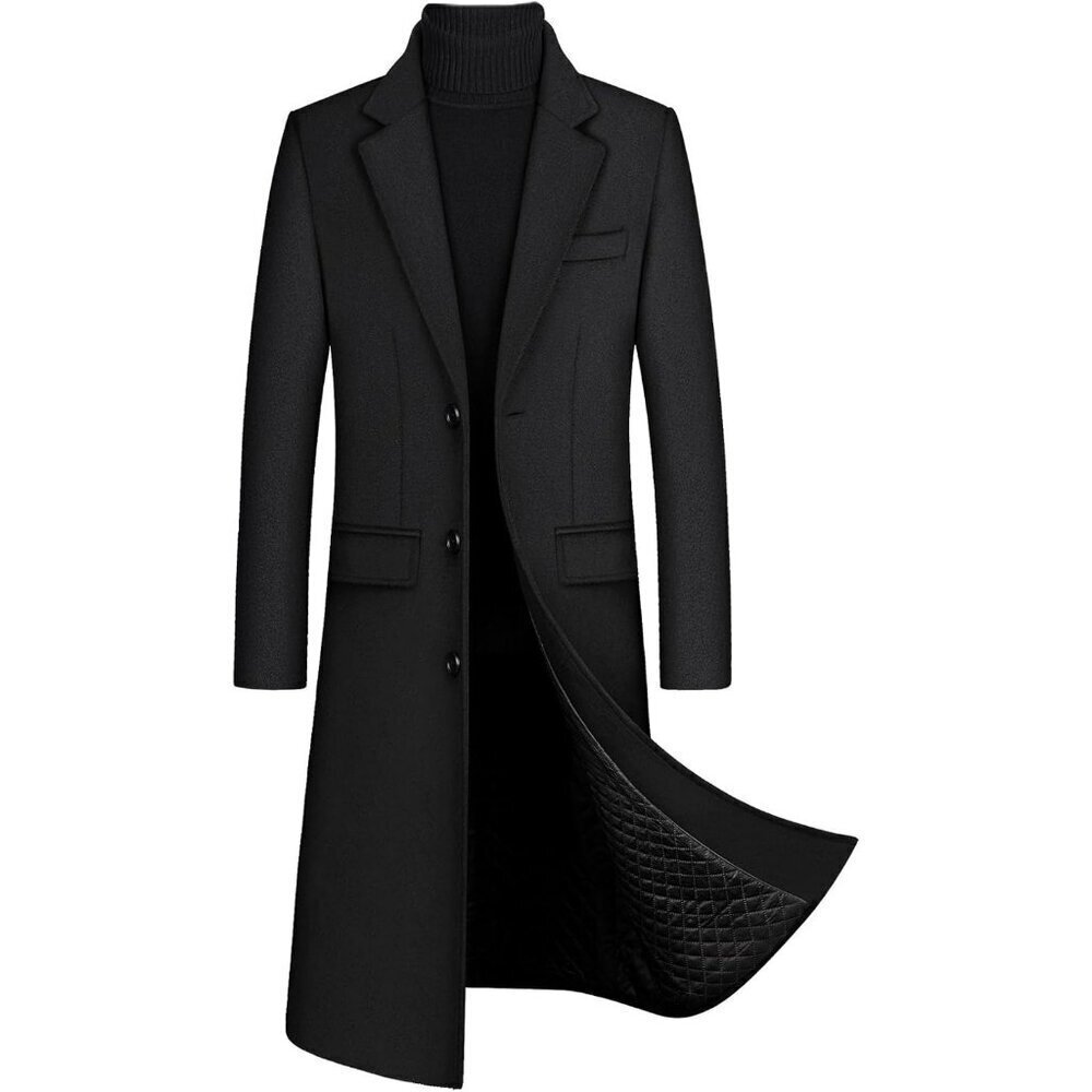 🆕Men's Black Winter Single-Breasted Quilted Trench Coat Long Sleeve Overcoat